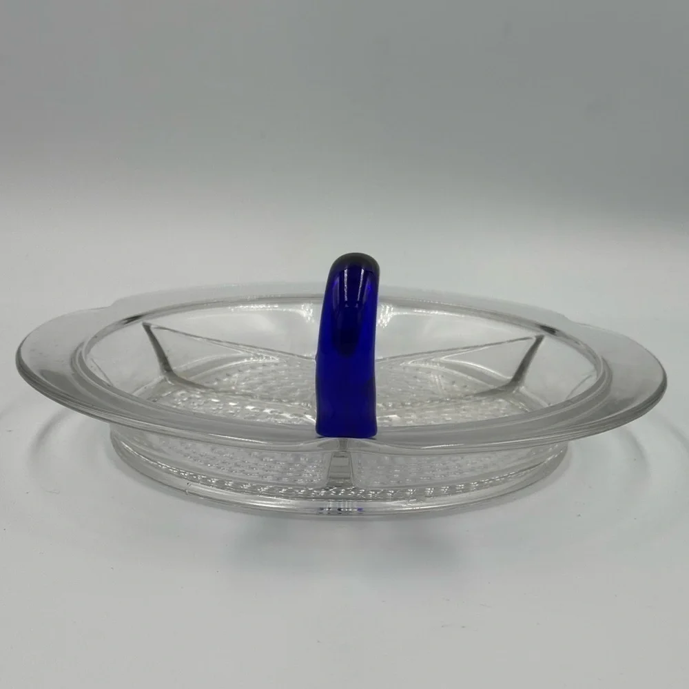 Vintage Duncan Miller Glass Teardrop Pattern Relish with Cobalt Blue Handle